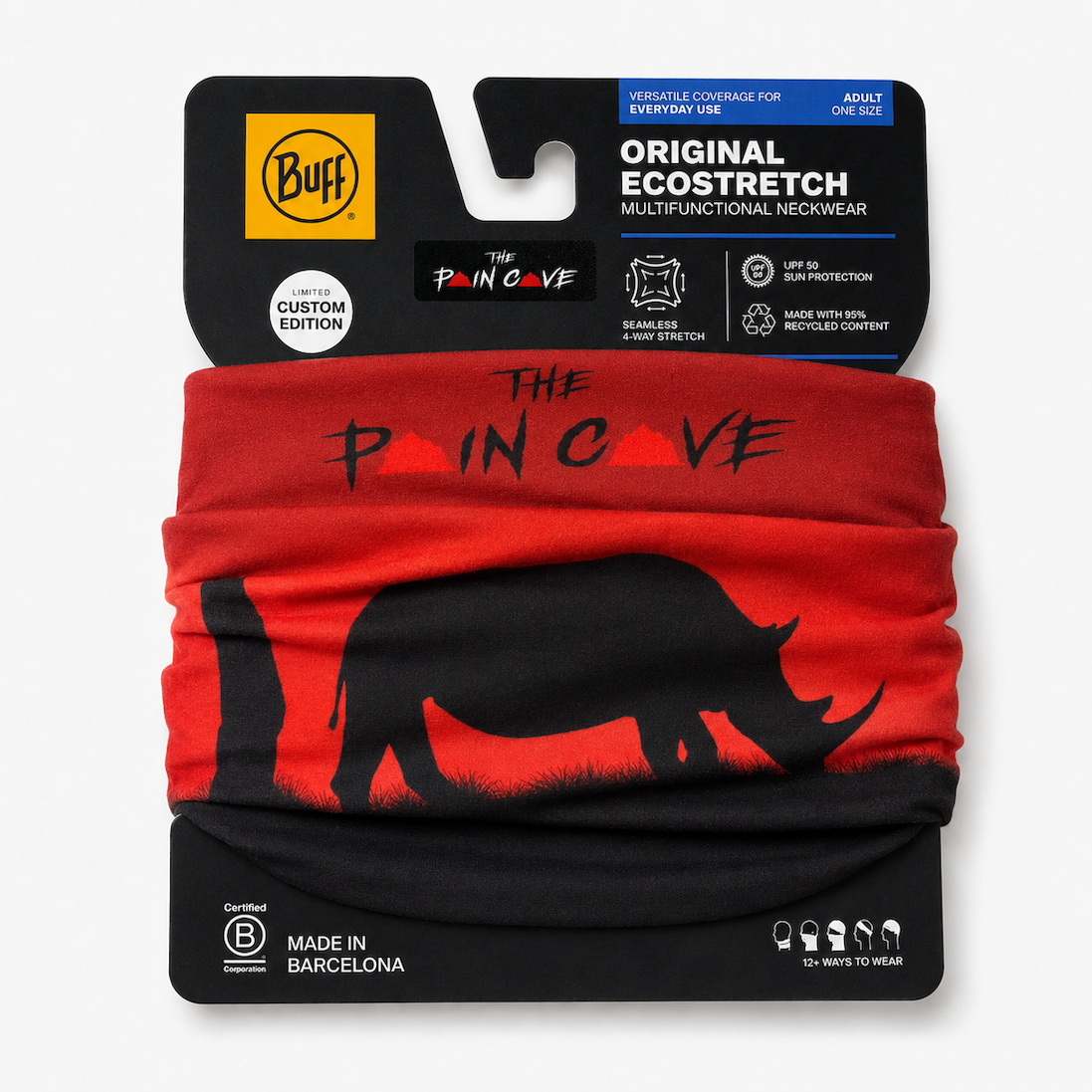 red buff/snood, desert sunset with rhino on the savannah grasslands