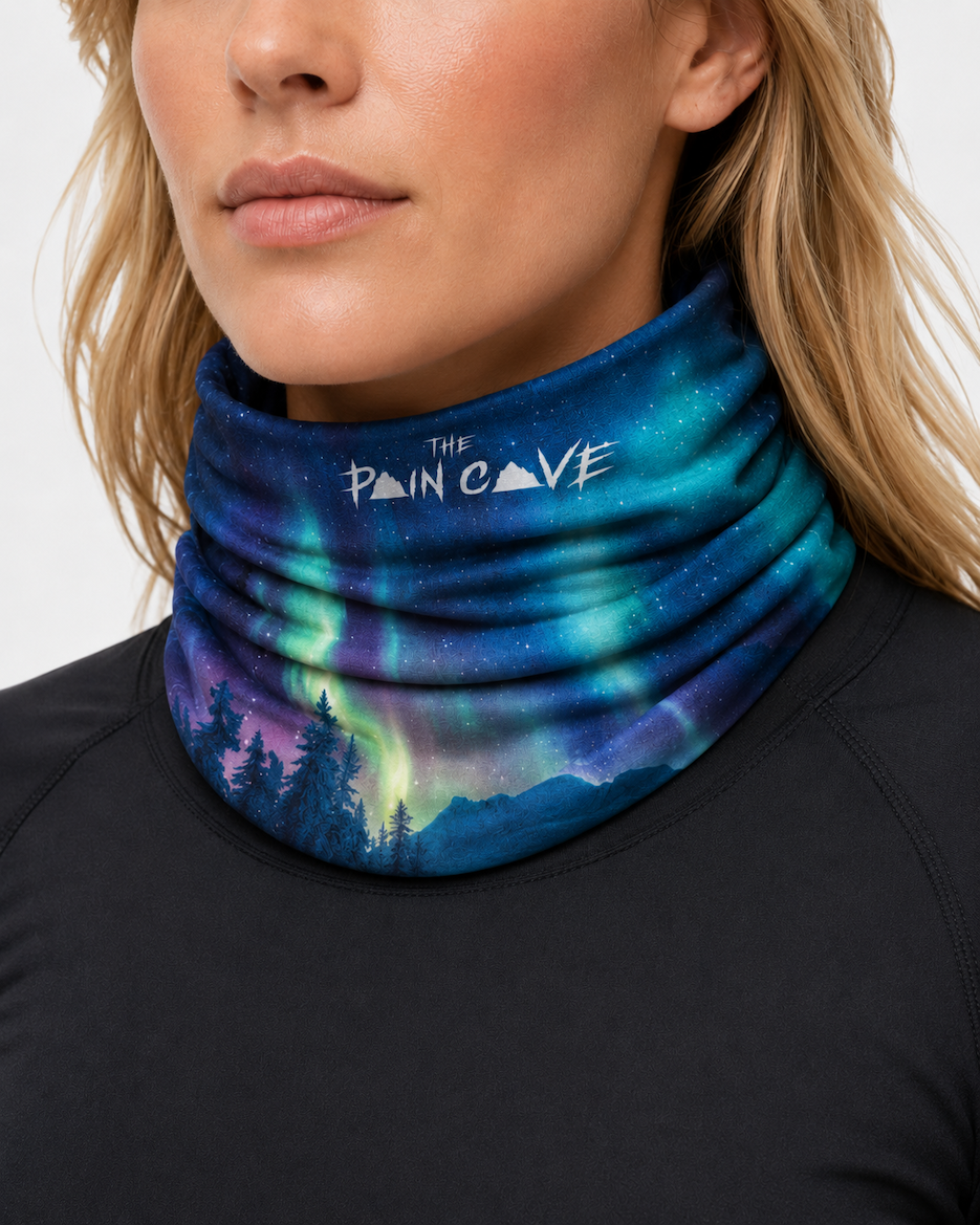 woman wearing Aurora Borealis Buff/Snood as a neck gaiter