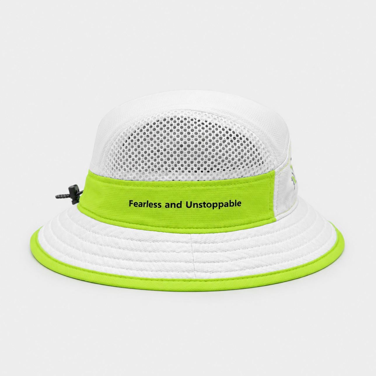side profile view of the extremely breathable lime coloured bucket hat.