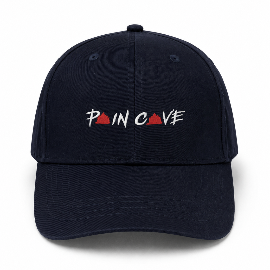 Navy gym cap showing Pain Cave logo