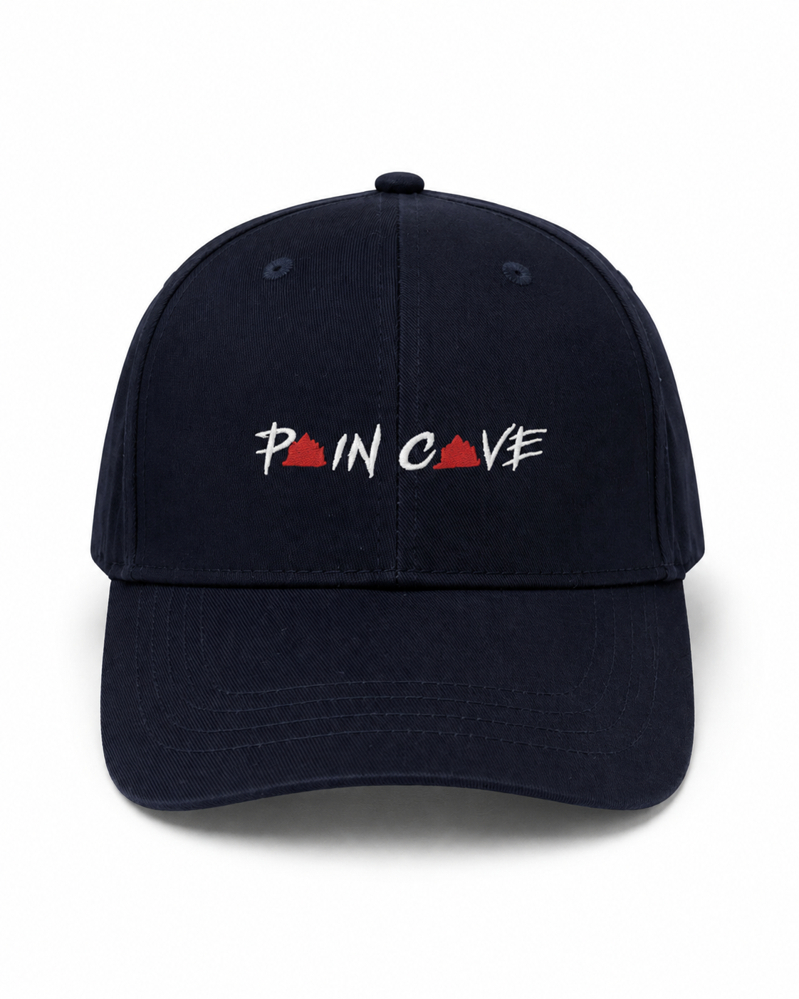 Navy gym cap showing Pain Cave logo